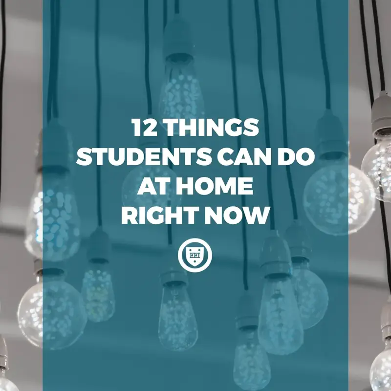 Hanging light bulbs behind teal panel with text "12 Things Students Can Do At Home Right Now" and Elite Prep logo