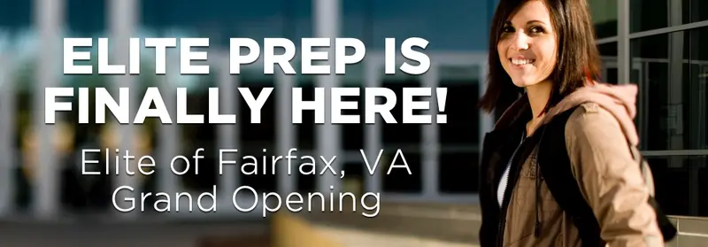 Banner reading "Elite Prep is finally here! Elite of Fairfax, VA Grand Opening" beside a smiling woman in a tan jacket.