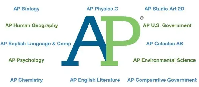 큰 AP 로고와 AP Biology, AP Human Geography, AP Psychology 등 여러 AP 과목명이 배치된 이미지