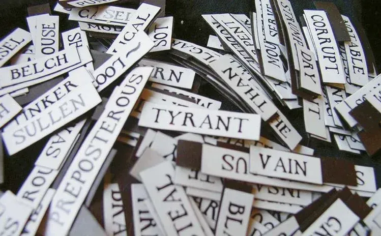 TYRANT, VAIN, CORRUPT, BELCH, SULLEN, PREPOSTEROUS 등의 단어가 적힌 자석 단어 조각들이 흩어져 쌓여 있는 모습